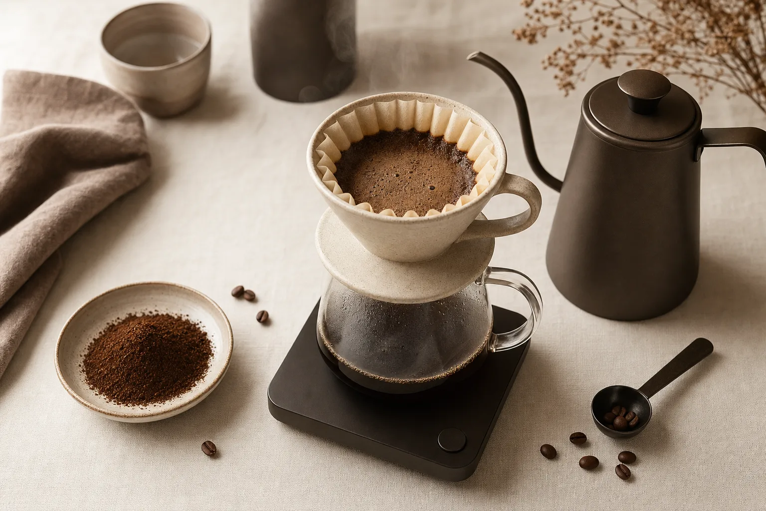 A home brewer weighing coffee beside an unbranded pour-over dripper and kettle