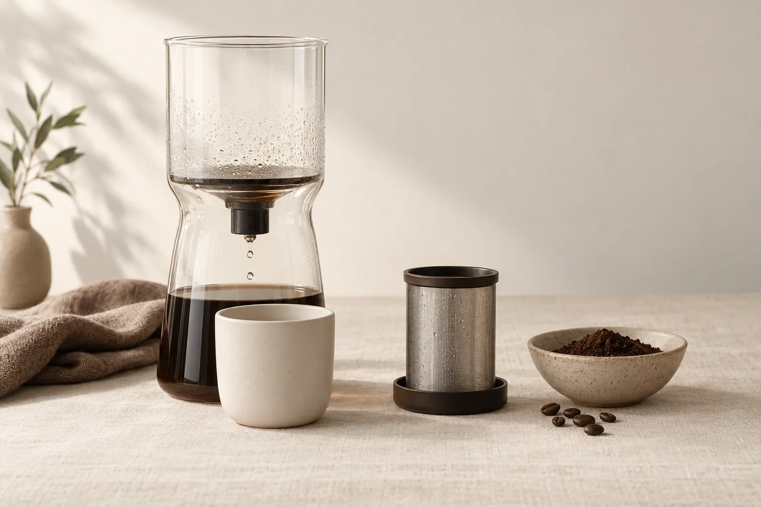 Unbranded cold brew vessel, removable mesh filter, and coarse coffee grounds on a kitchen counter