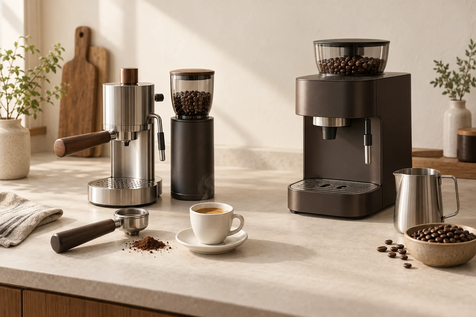 Unbranded espresso cup, milk pitcher, tamper, and coffee beans arranged on a small kitchen counter