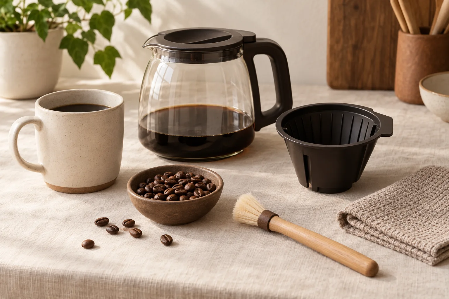 Soft cleaning brush and dry cloth beside loose roasted coffee beans on a kitchen counter