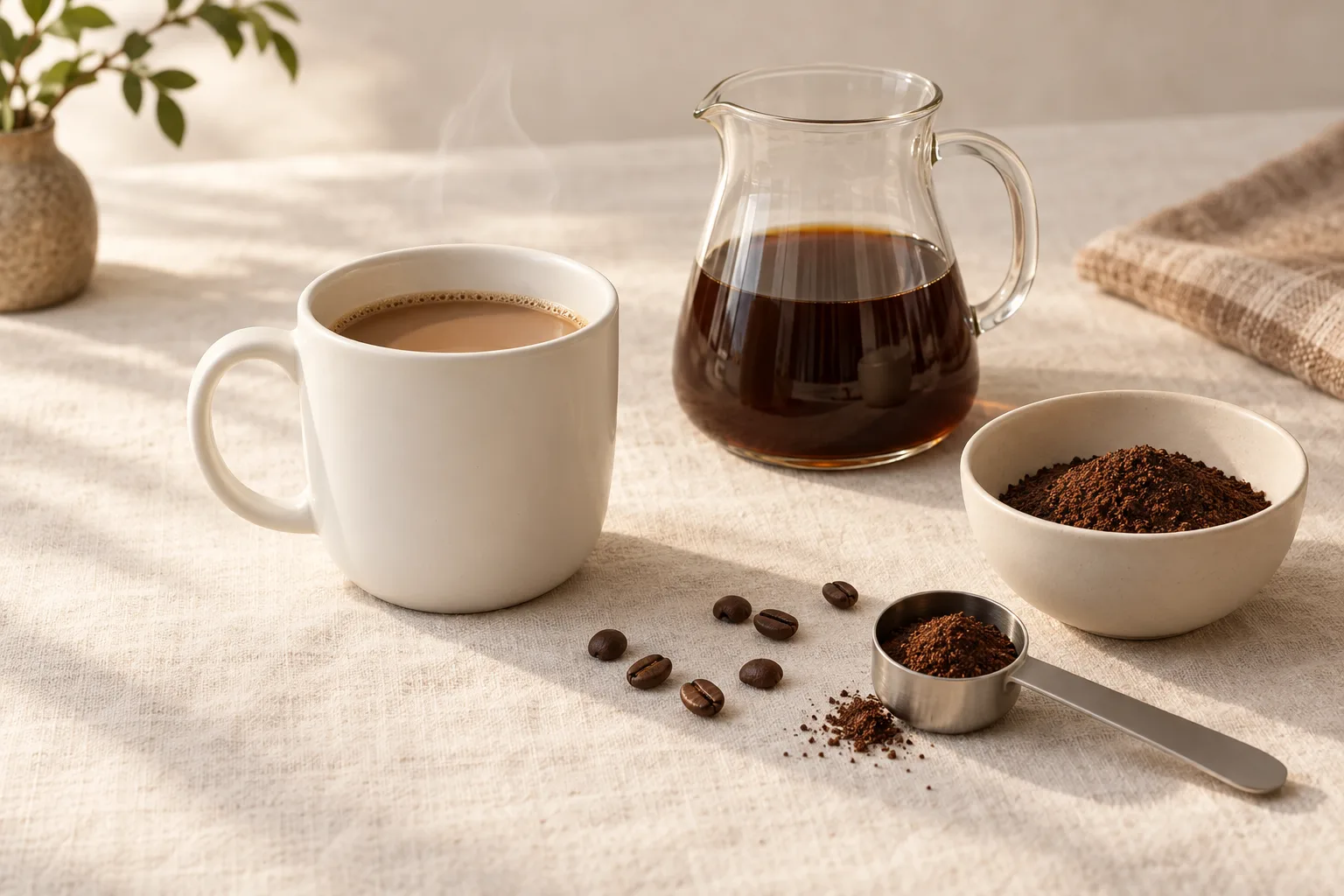 Plain ceramic coffee cup beside beans and a coffee measuring scoop on a kitchen counter