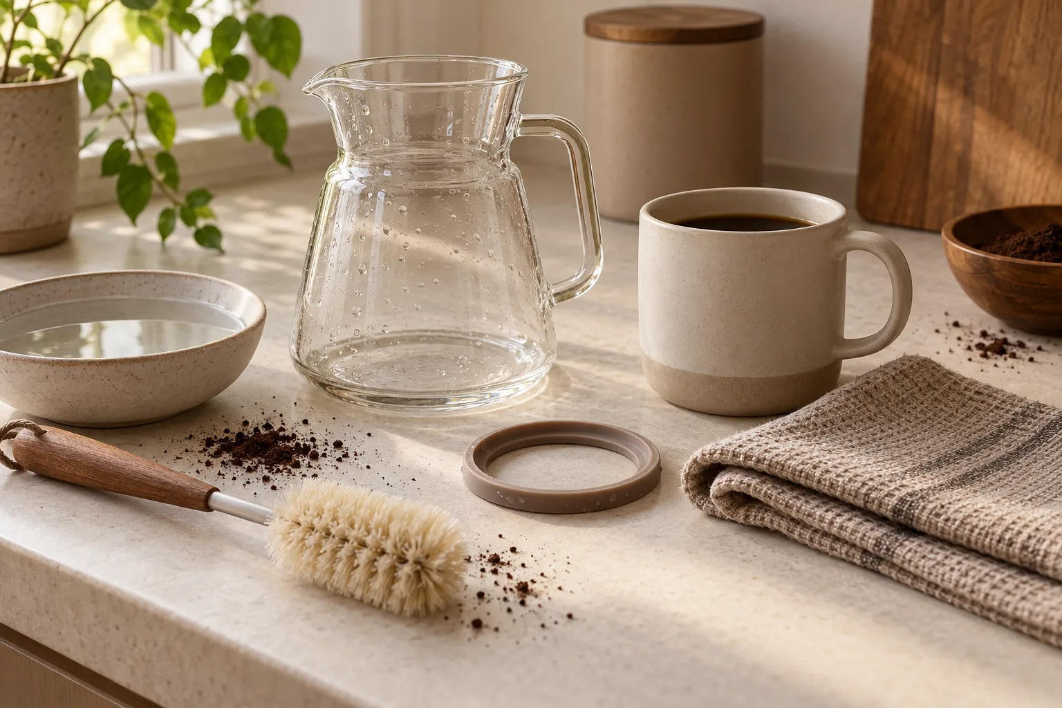 Soft brush, clean cloth, and an unbranded coffee mug beside a kitchen sink