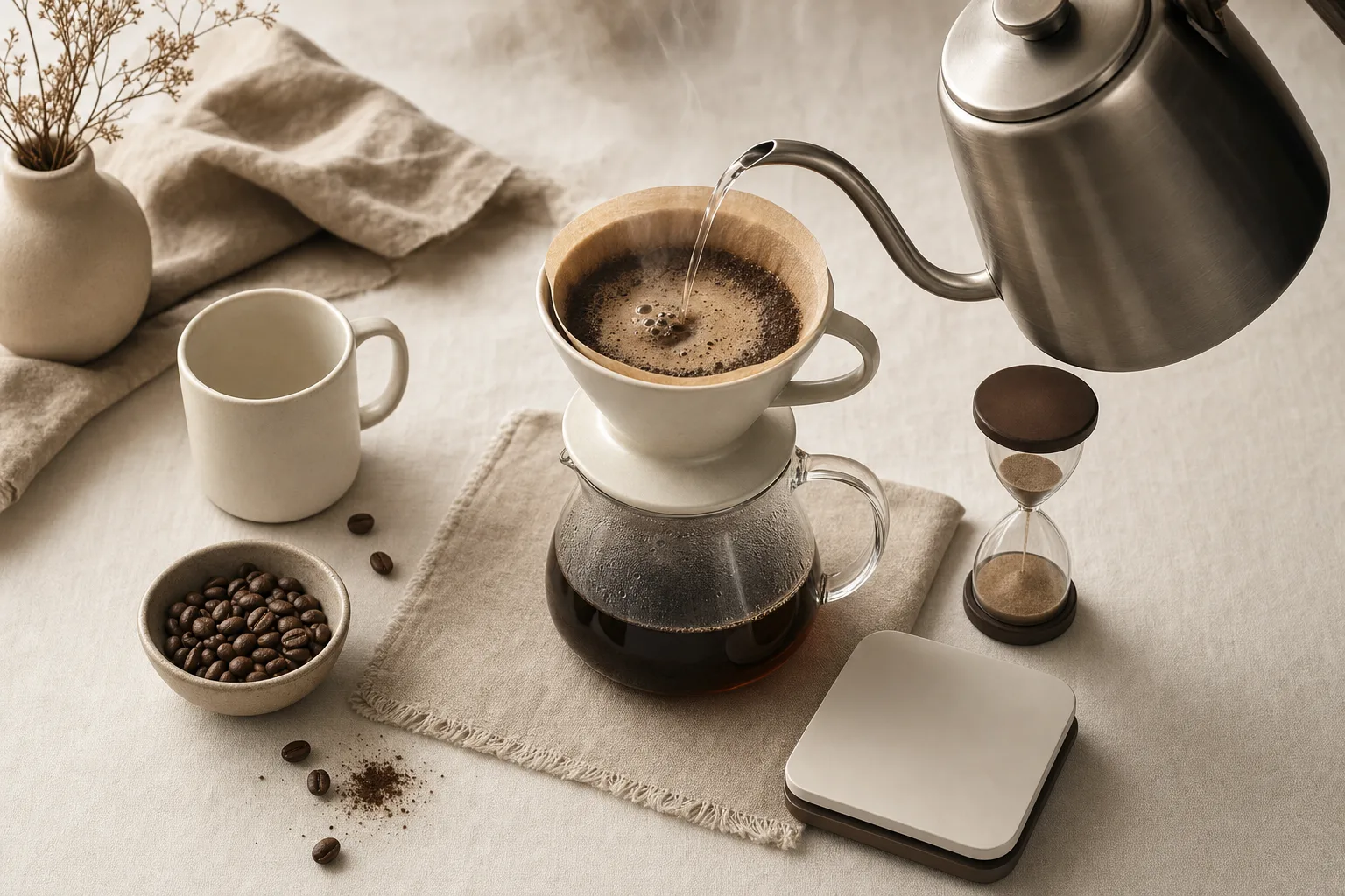 A plain pour-over brewer, mug, kettle, and scale arranged on a warm kitchen counter