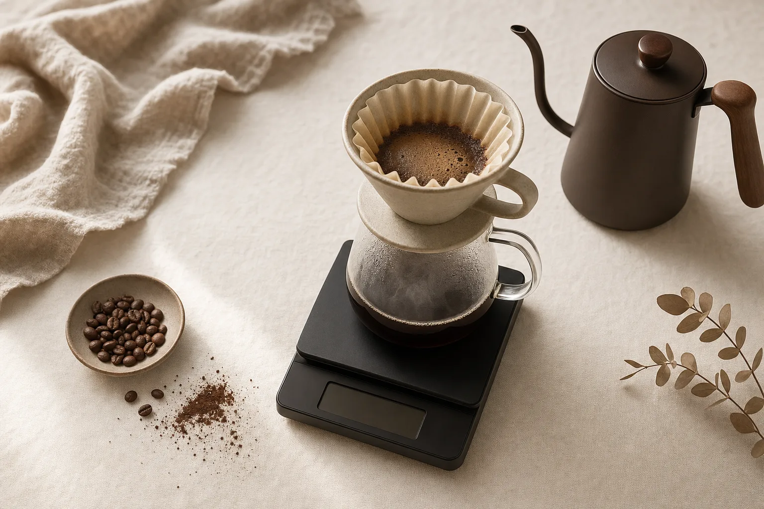 A hand pouring water from an unbranded kettle into a ceramic dripper beside a small digital scale