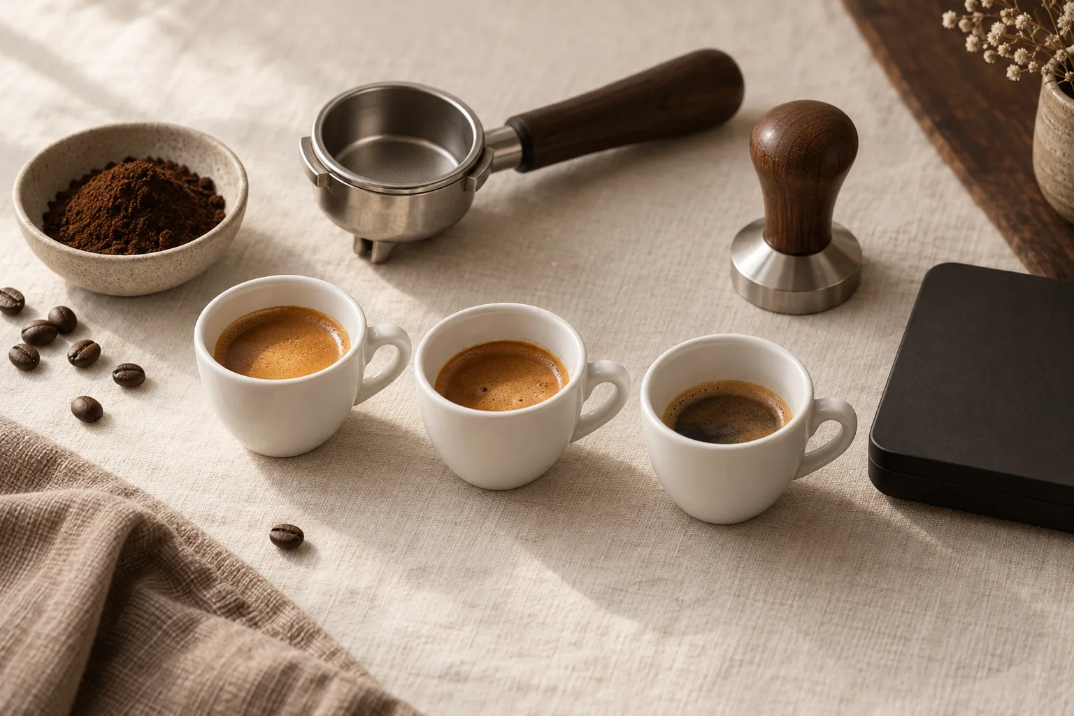 Three plain espresso cups beside an unbranded portafilter, tamper, and coffee beans on a kitchen counter