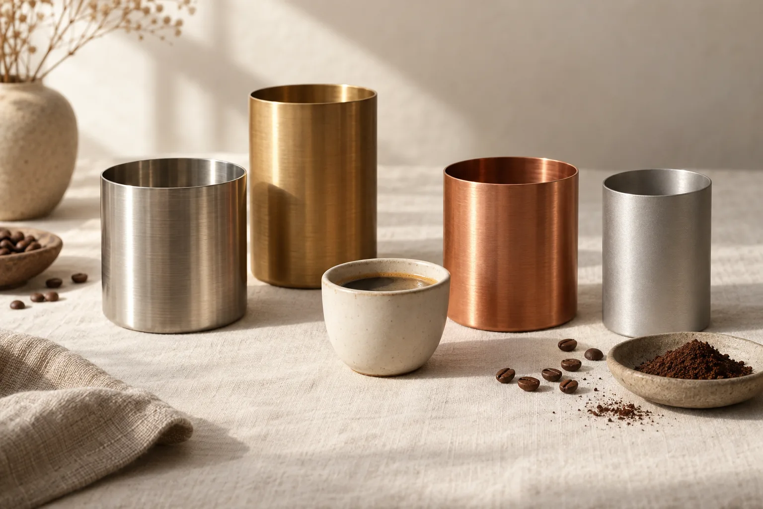 Plain stainless milk pitcher, espresso cup, and unbranded portafilter on a kitchen counter