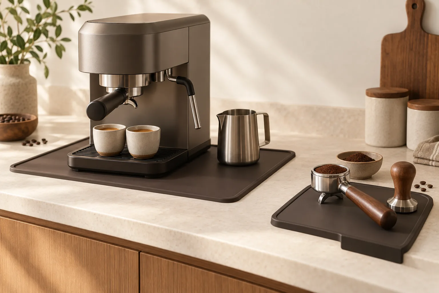 Unbranded espresso cup, portafilter, tamper, and towel arranged on a protected kitchen counter.