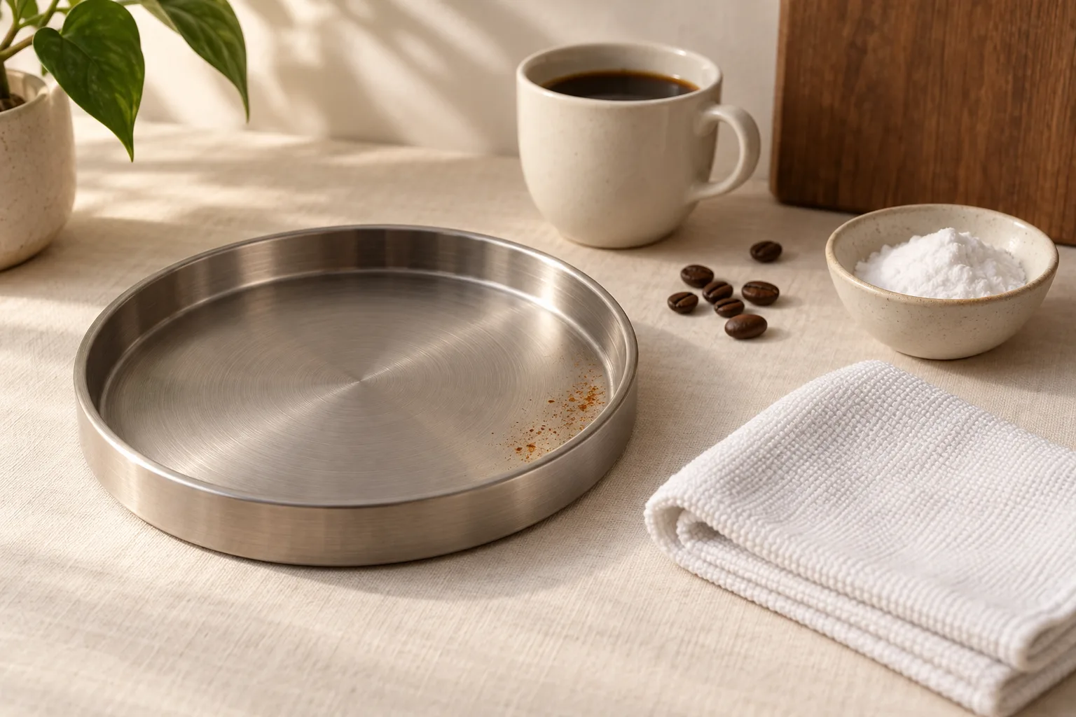 Microfiber cloth beside a plain stainless milk pitcher and white coffee cup on a dry kitchen counter