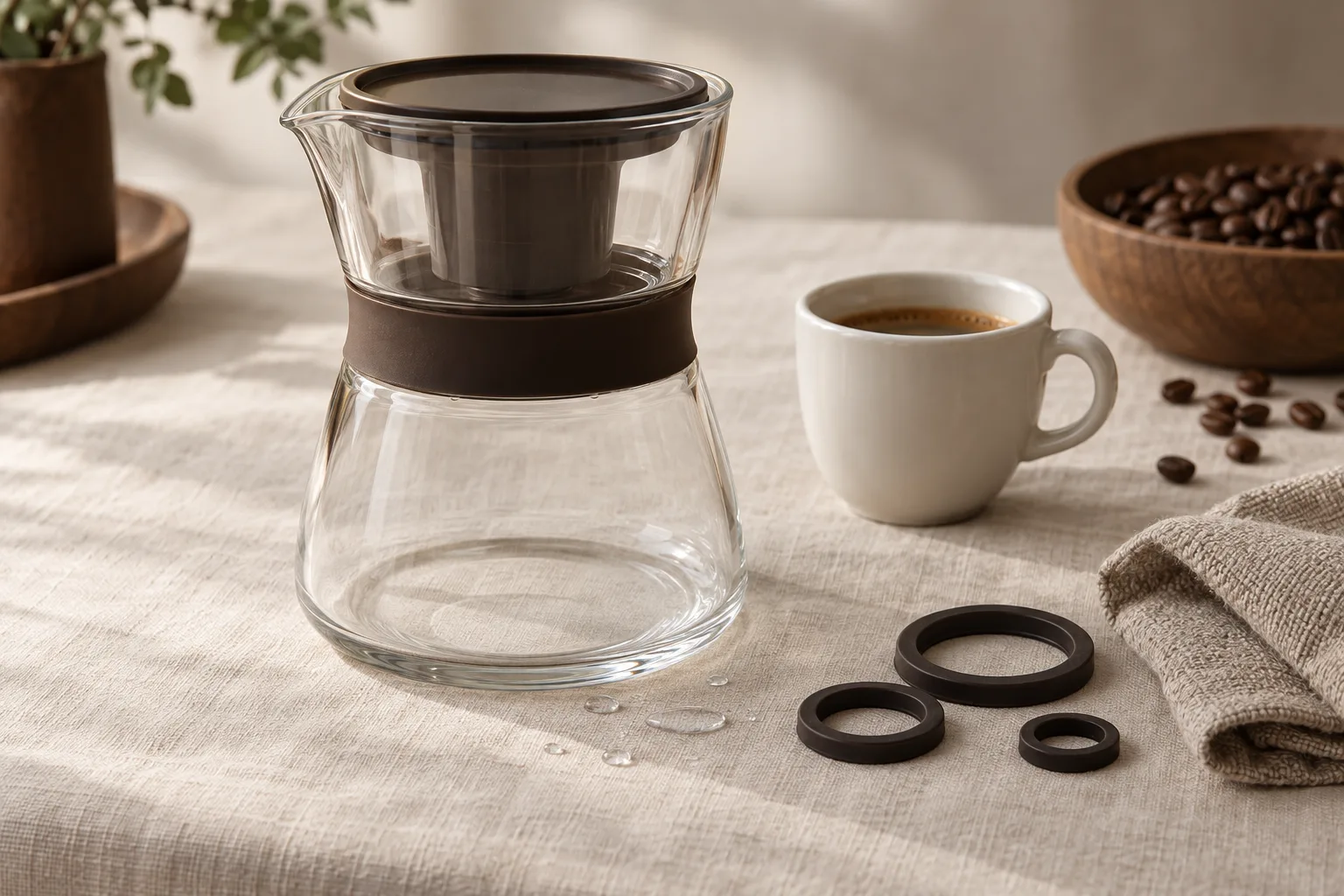 Glass coffee brewing vessel, ceramic cup, sealing rings, cleaning cloth, and water droplets arranged on a warm linen surface