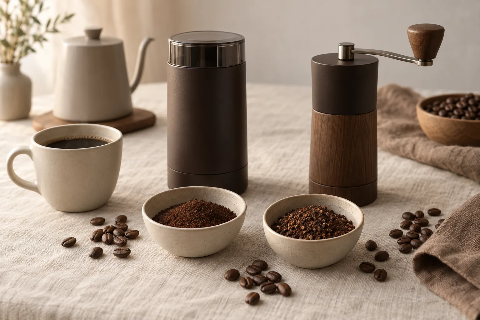 Coffee beans, ground coffee, and an unmarked ceramic cup on a kitchen counter