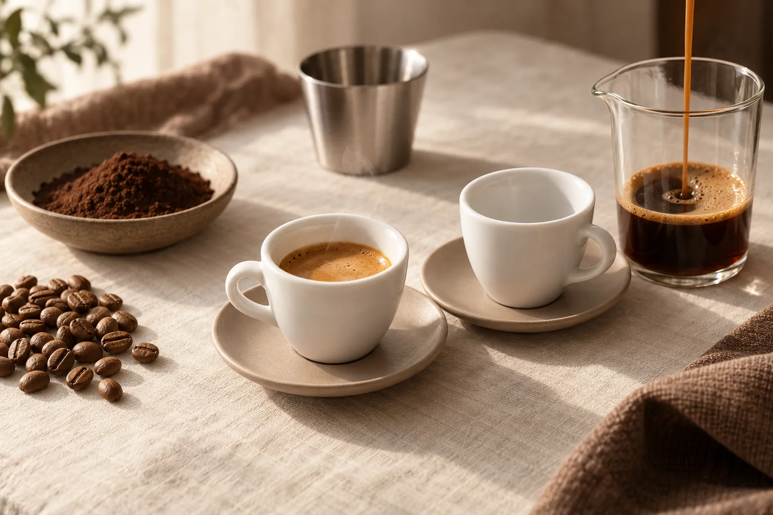Plain espresso cups beside unbranded brewing tools and light-roasted beans on a cream kitchen counter
