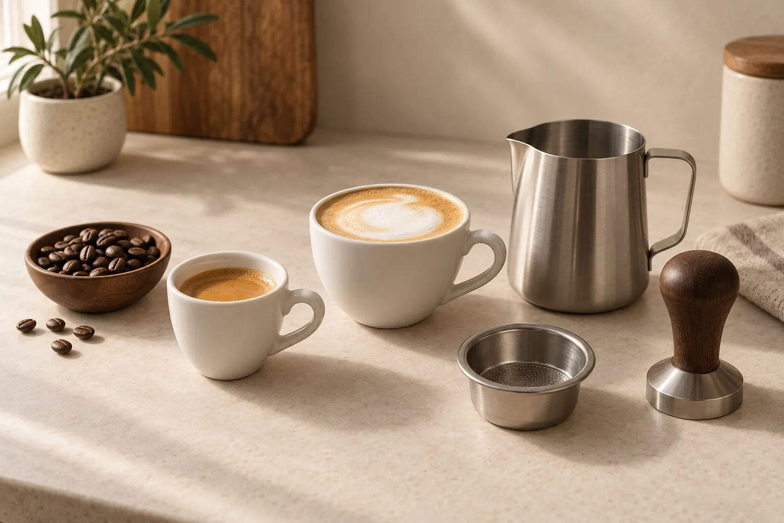 An espresso cup and cappuccino beside an unmarked milk pitcher and coffee beans on a kitchen counter.