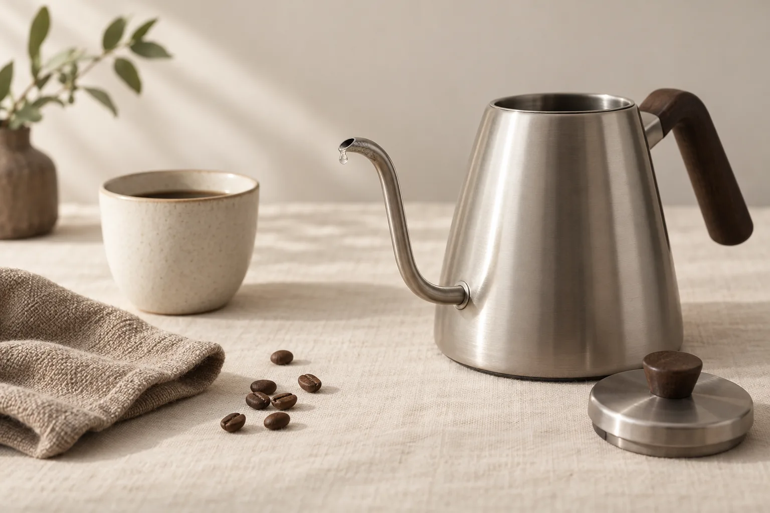 Unbranded gooseneck kettle and soft cleaning cloth on a dry kitchen counter