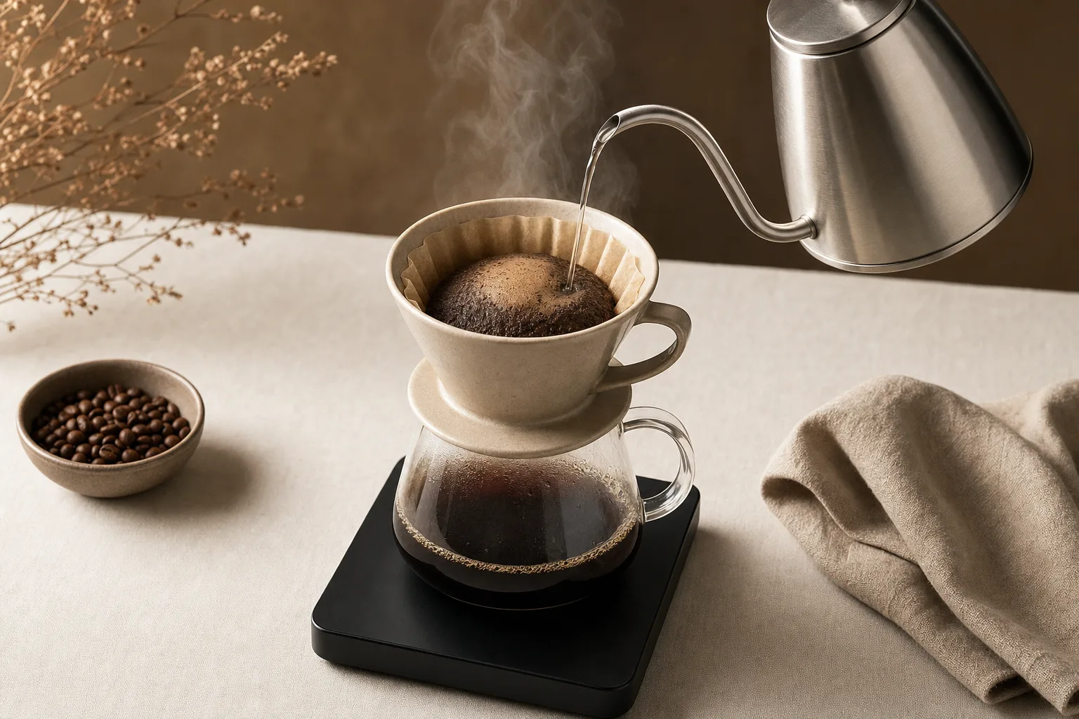 A home brewer pouring water from an unbranded gooseneck kettle over a coffee dripper