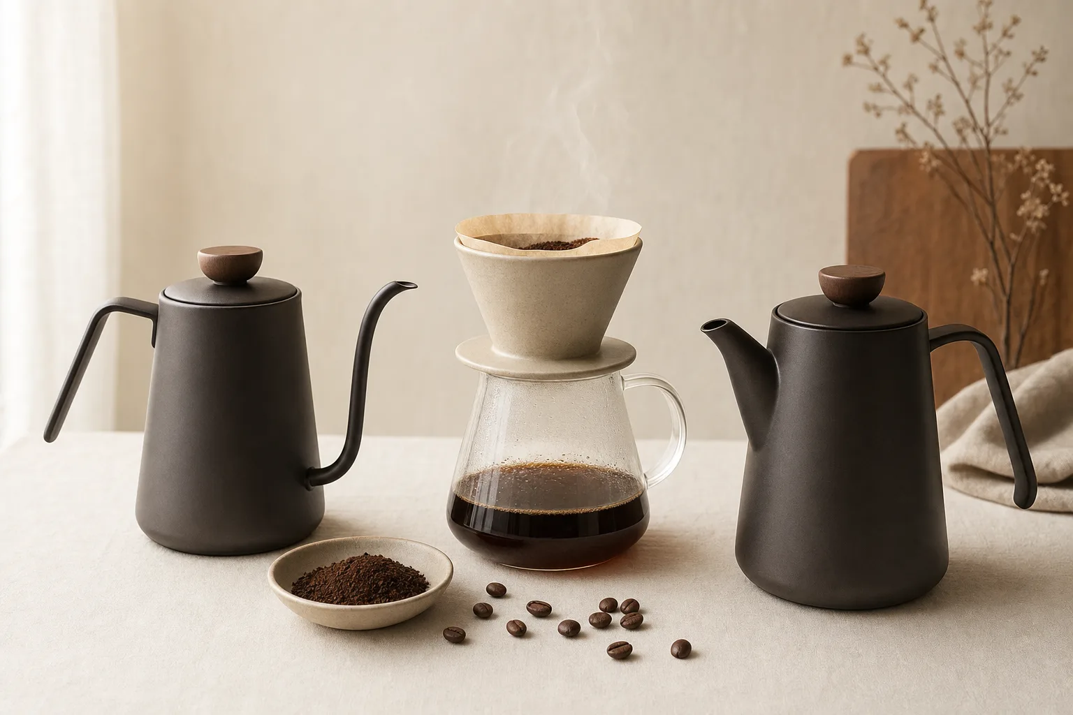 A plain kettle and a ceramic pour-over brewer on a warm kitchen counter