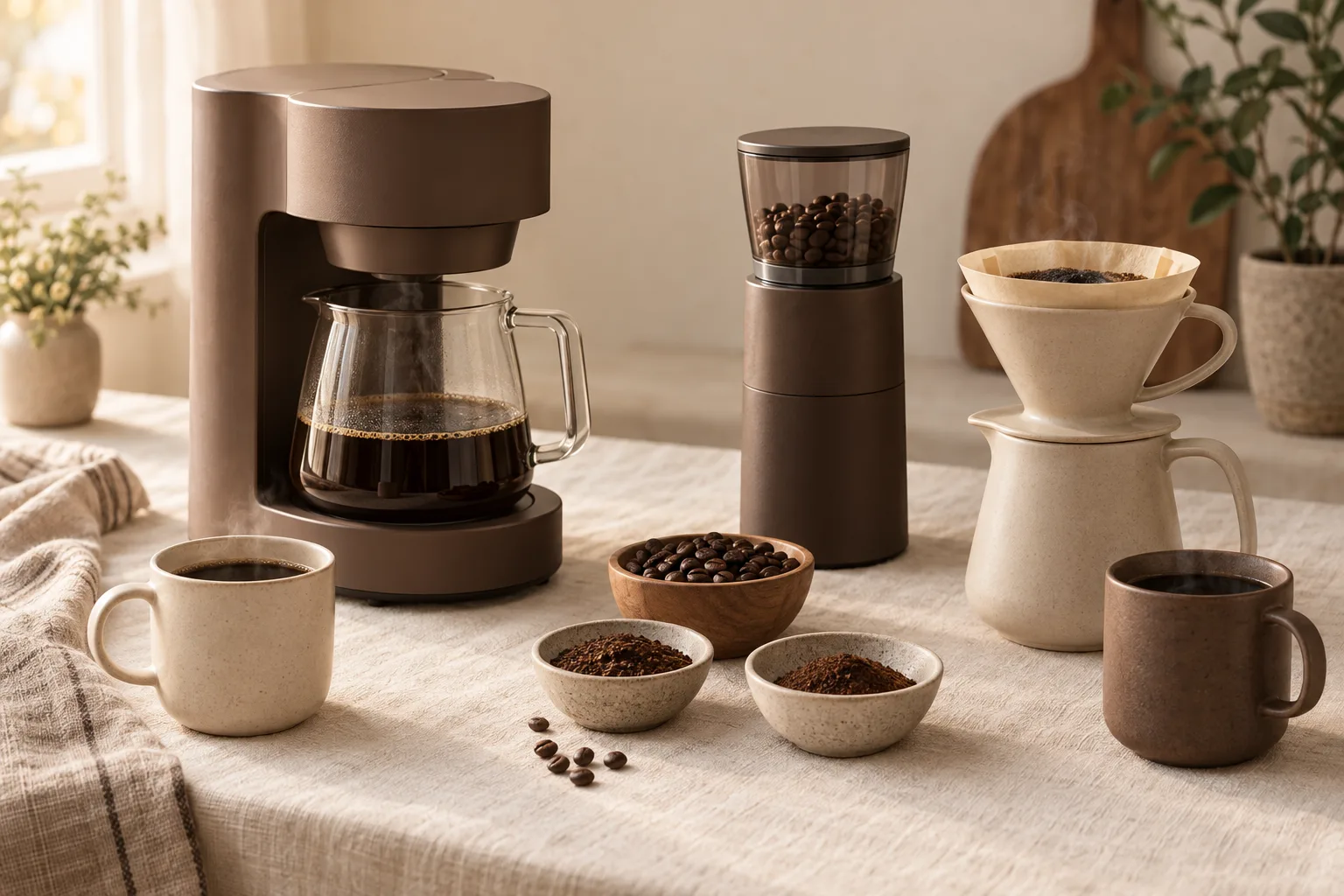 Plain coffee mugs, a glass carafe, and coffee beans on a small kitchen counter