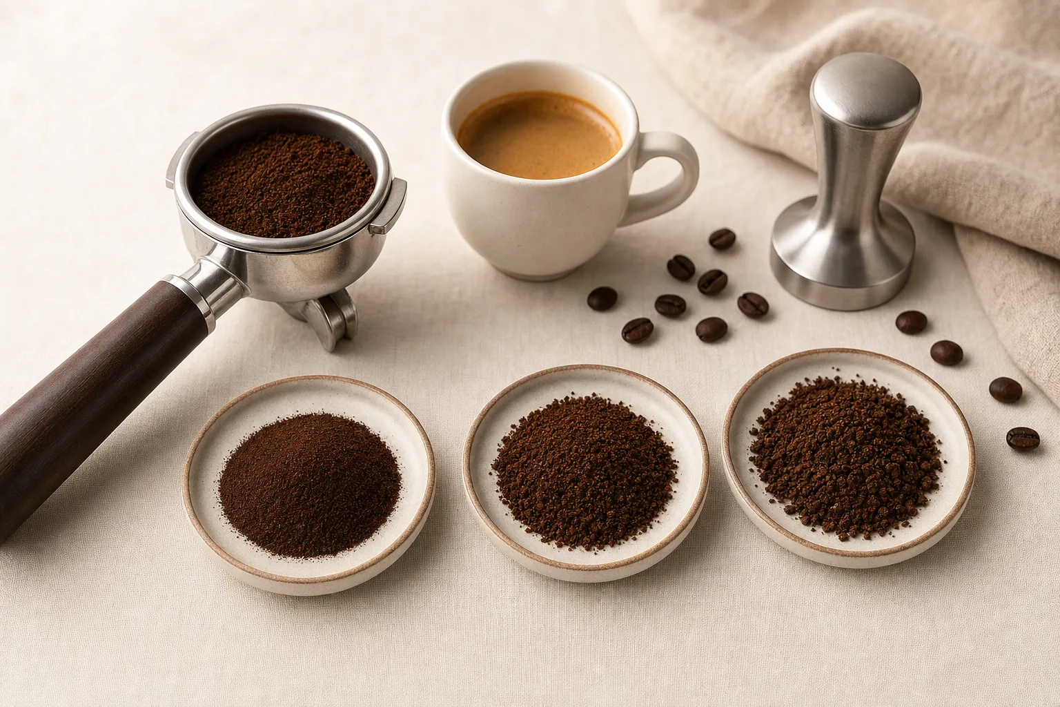 Freshly ground dark coffee in an unbranded portafilter beside a small espresso cup
