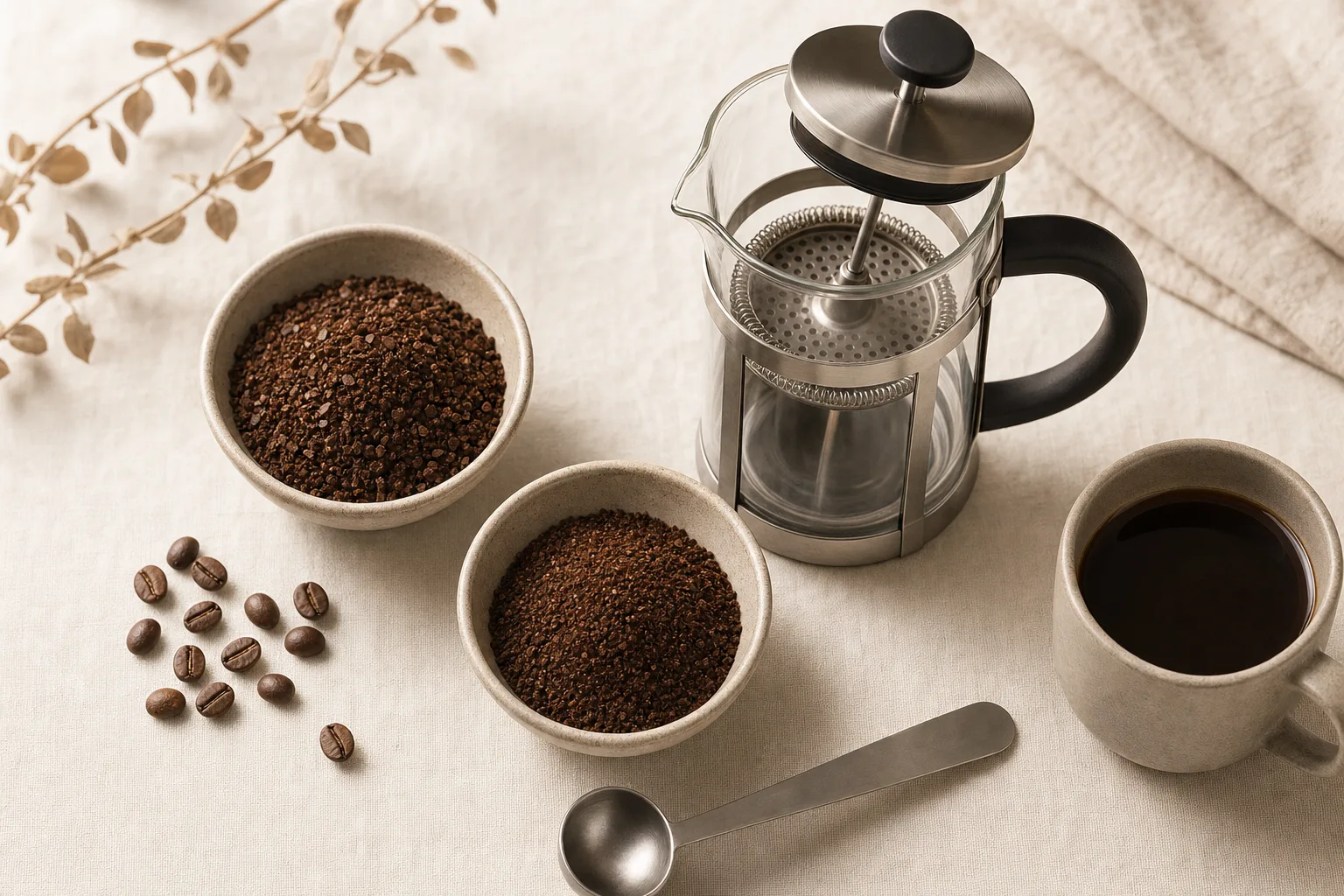 A French press, coarse coffee grounds, scale, and timer arranged on a warm kitchen counter