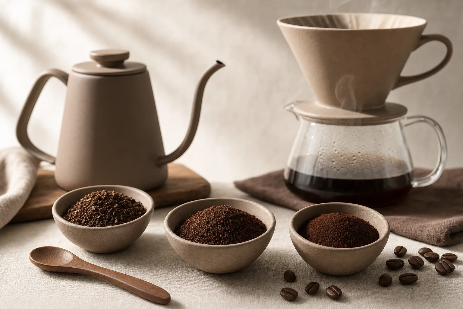 Freshly ground coffee beside an unbranded cone brewer and kettle on a kitchen counter
