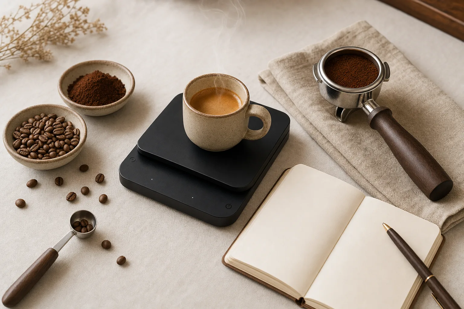 A home barista weighing espresso beside a cup of light-roast coffee