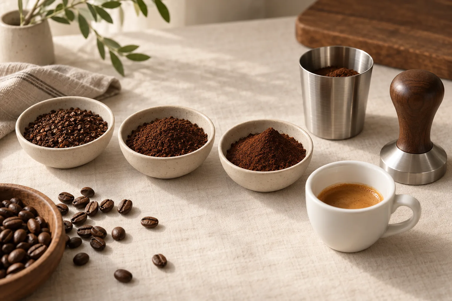A warm still life with bowls of coarse, medium, and fine coffee grounds beside a plain espresso cup, beans, and unmarked coffee tools.