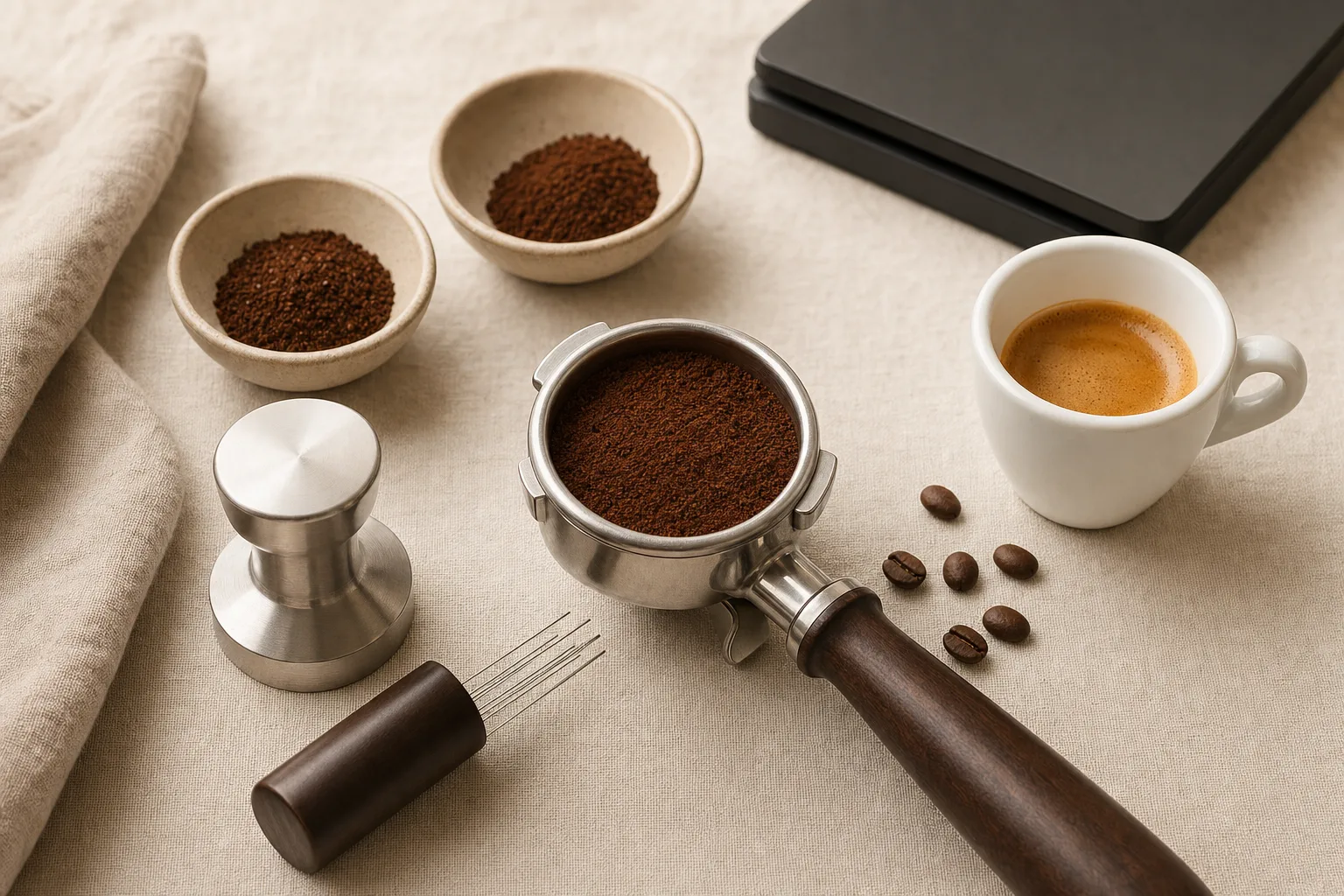 Freshly ground coffee being prepared beside an unbranded espresso machine