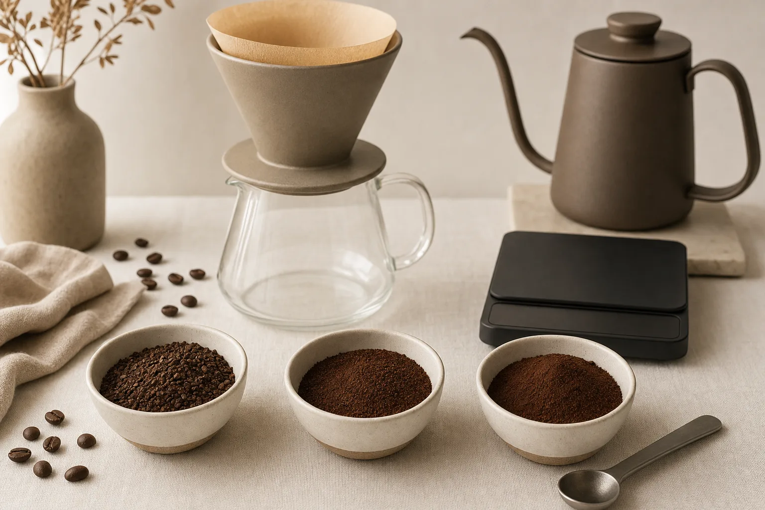 Unbranded pour-over coffee setup with a grinder, scale, kettle, and paper filter on a warm kitchen counter