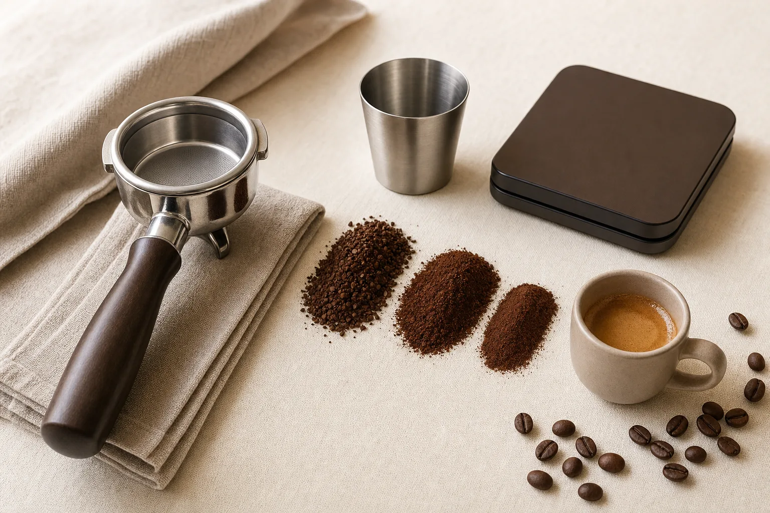Unbranded espresso setup with a portafilter, coffee grounds, and a small scale on a kitchen counter