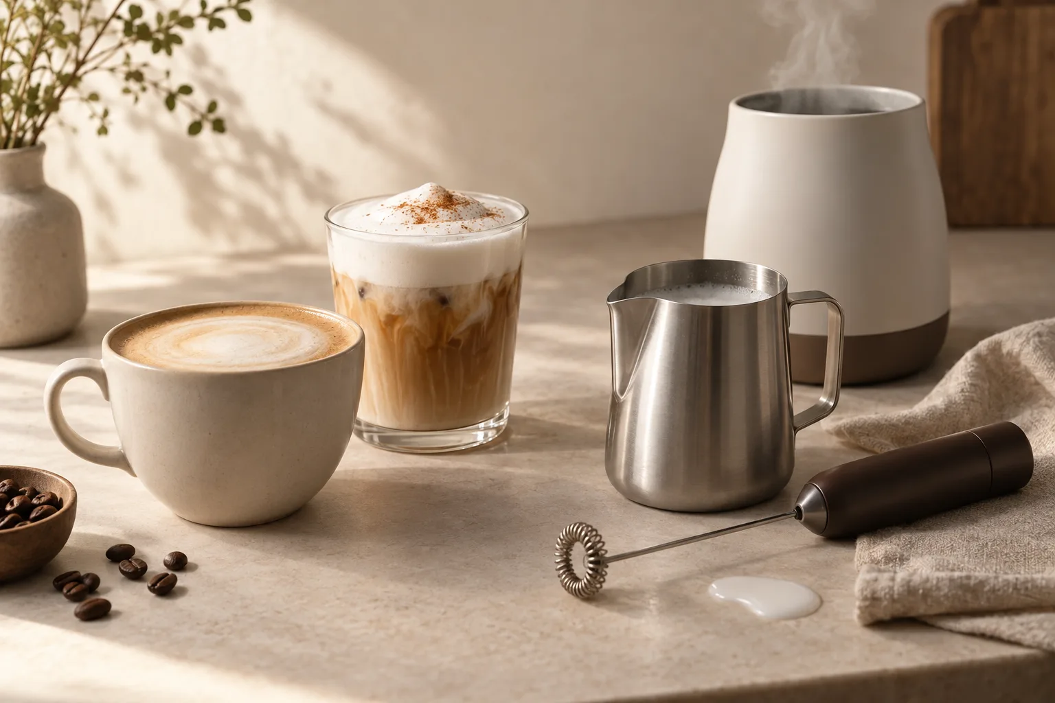 A white latte cup and iced coffee glass beside an unmarked milk pitcher on a kitchen counter