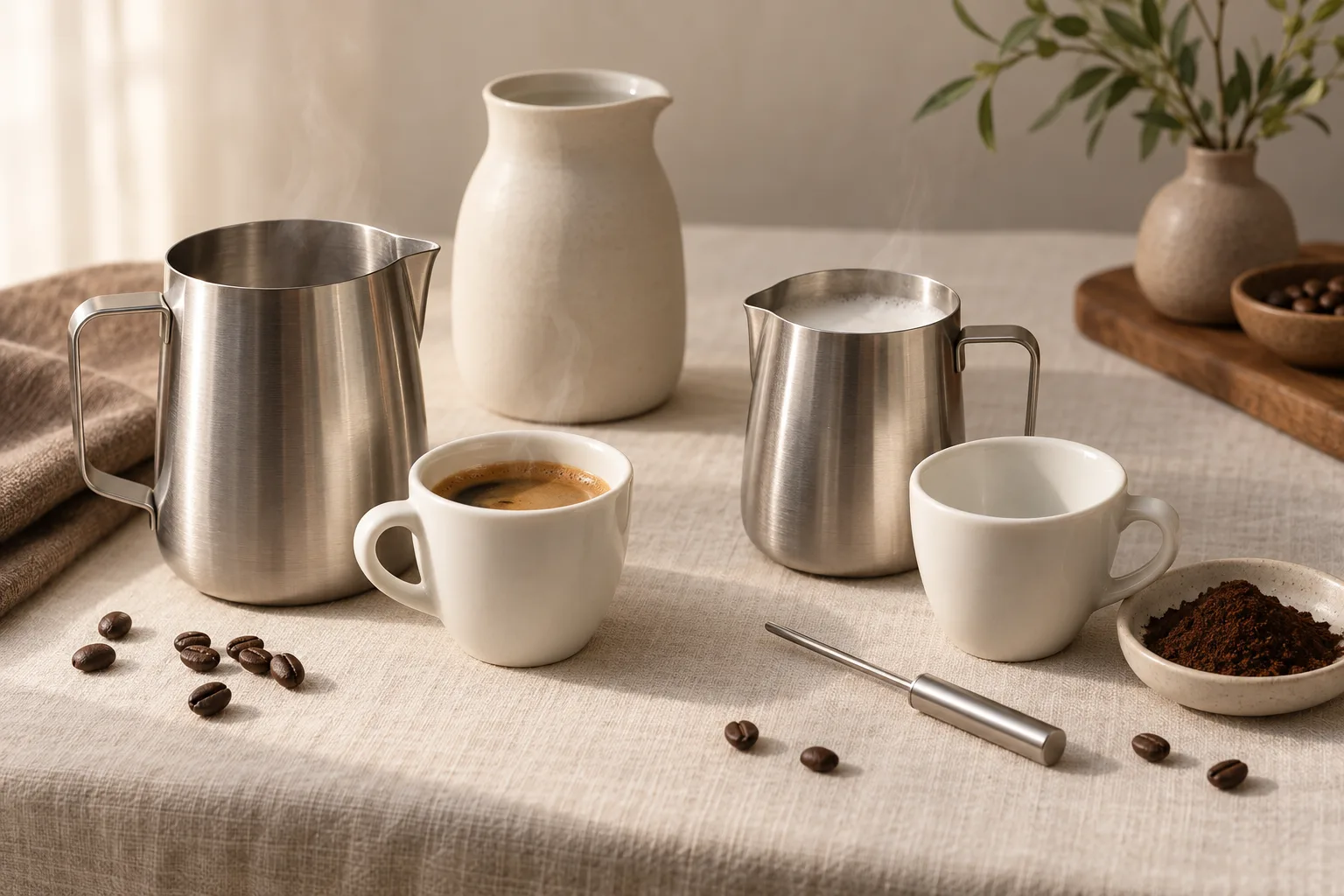 Plain espresso cups beside an unmarked stainless milk pitcher on a warm kitchen counter.