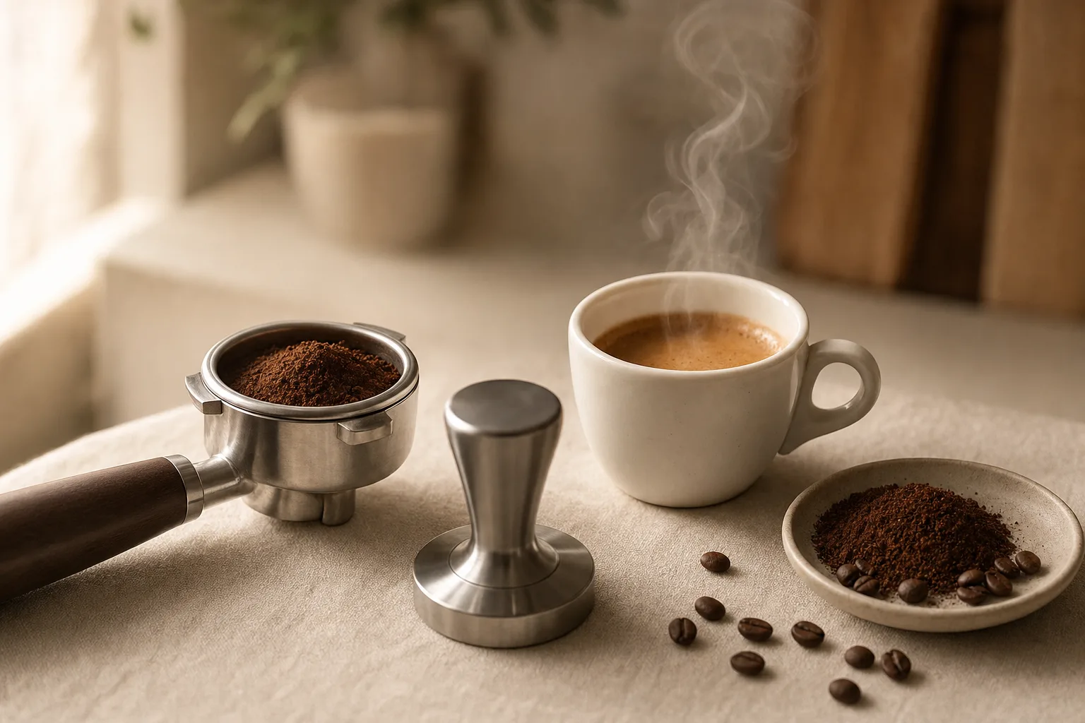 Unbranded home espresso setup with a portafilter, coffee grounds, tamper, and small espresso cup on a warm kitchen counter