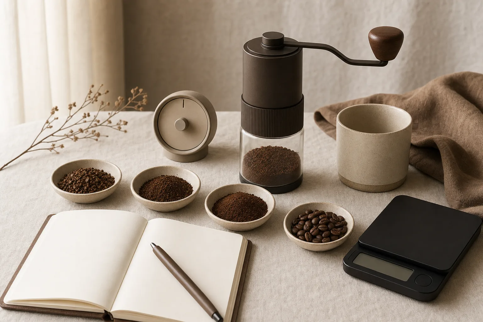 Unbranded coffee grinder beside a cup and notebook on a kitchen counter