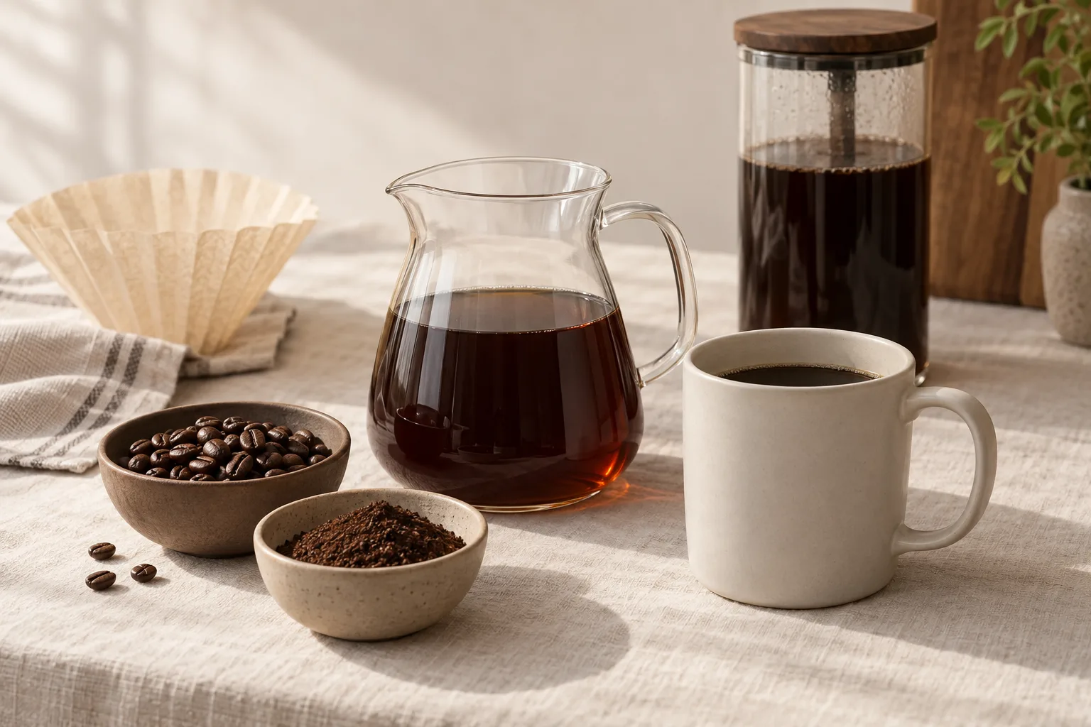 Unbranded glass coffee vessel beside beans and a ceramic cup on a kitchen counter