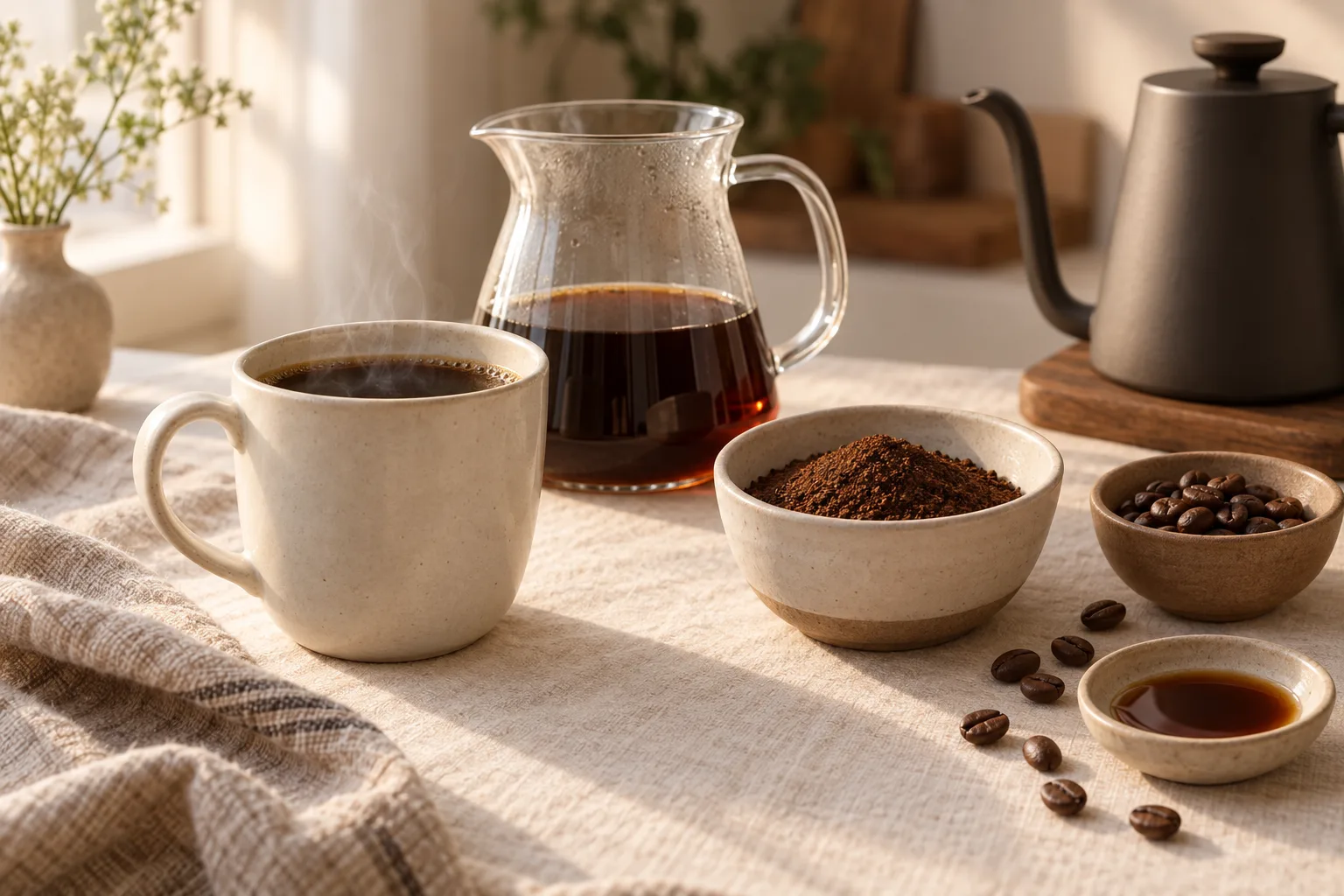 Warm still life of a steaming mug of coffee beside a plain glass carafe, ground coffee, beans, and an unmarked kettle on cream linen
