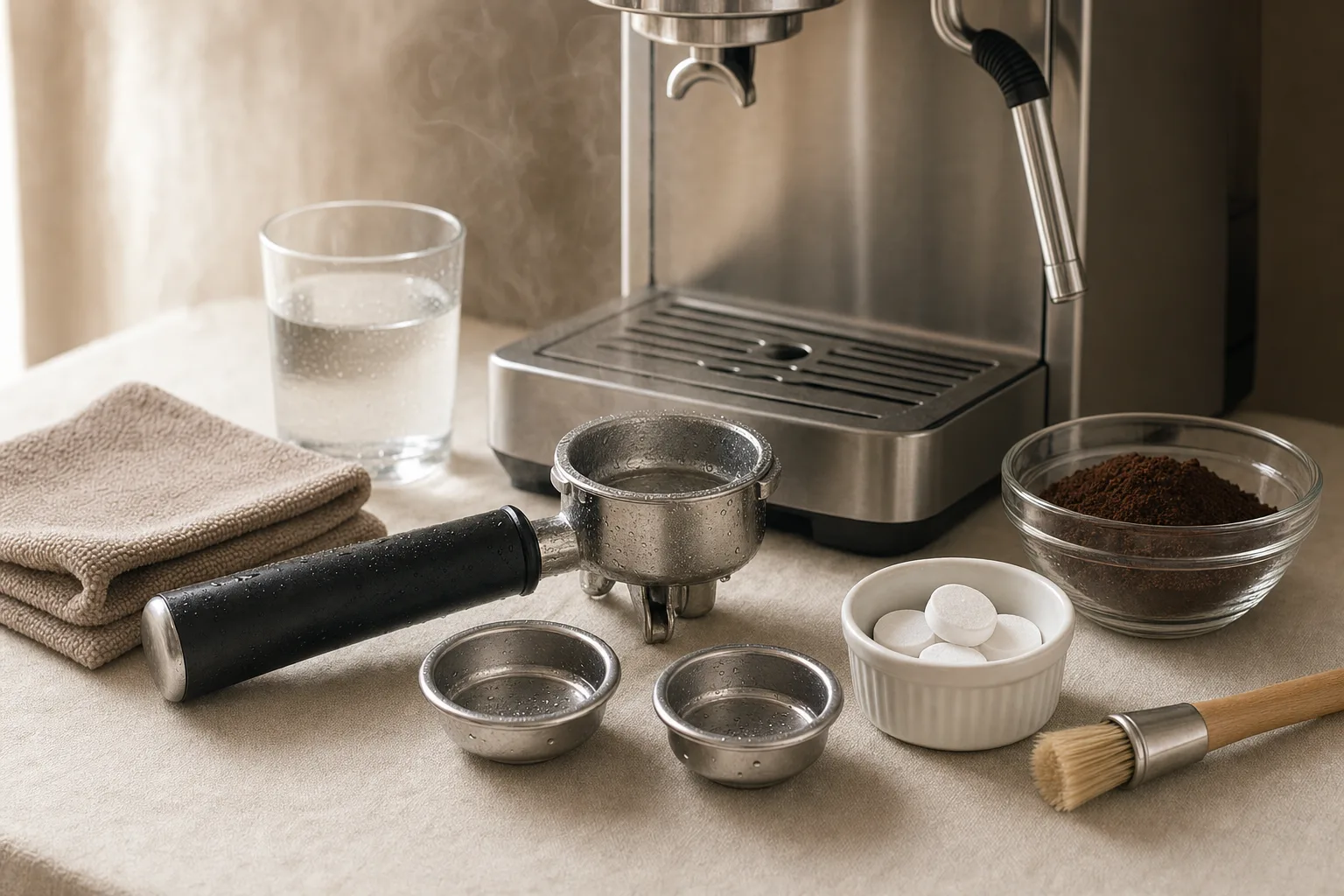 Unbranded home espresso setup with a cloth, brush, and clean water on a warm kitchen counter