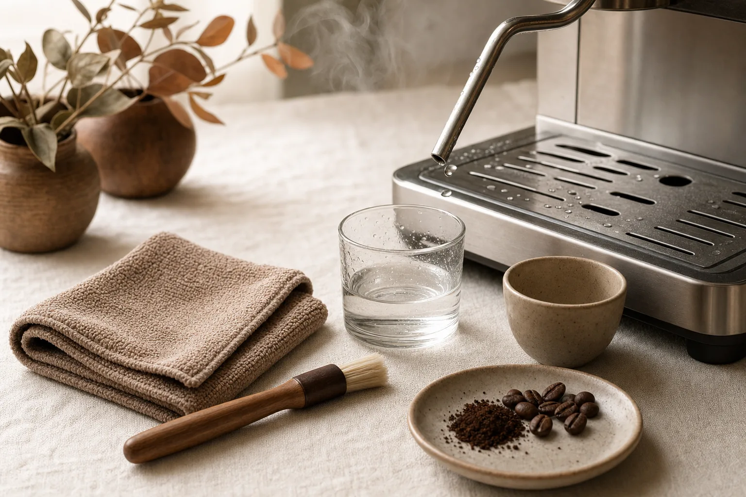 An unbranded espresso machine cleaning setup with a cloth, water container, brush, and clean cup on a warm kitchen counter