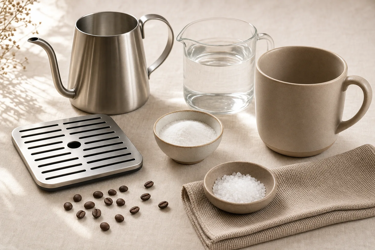 Unbranded espresso maintenance setup with a kettle, bowls of descaling powder, a cloth, and a large mug on a warm cream surface.