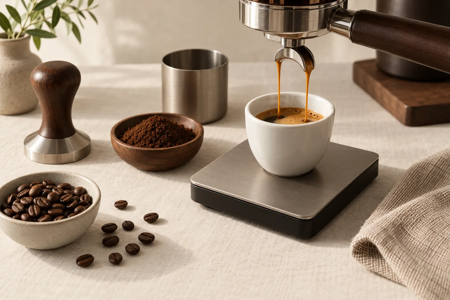 Unbranded espresso cup, dosing cup, tamper, and coffee beans on a kitchen counter