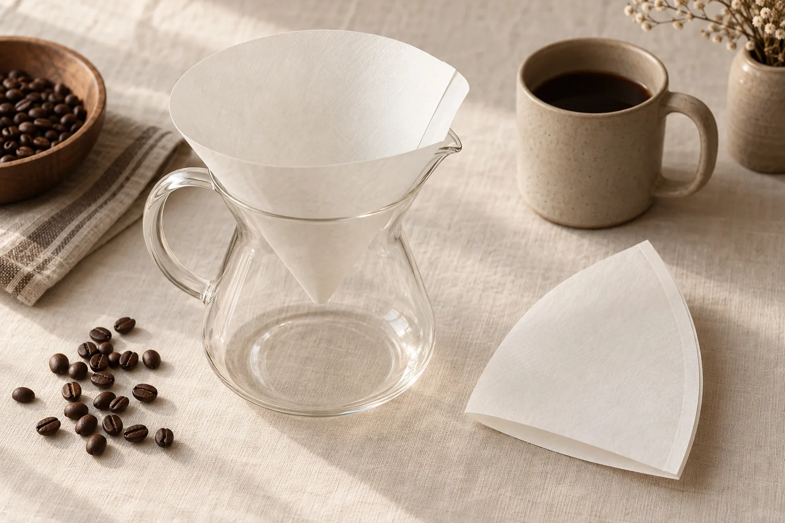 Generic glass carafe with a blank paper coffee filter, a folded spare filter, coffee beans, and a neutral mug on a warm linen surface.