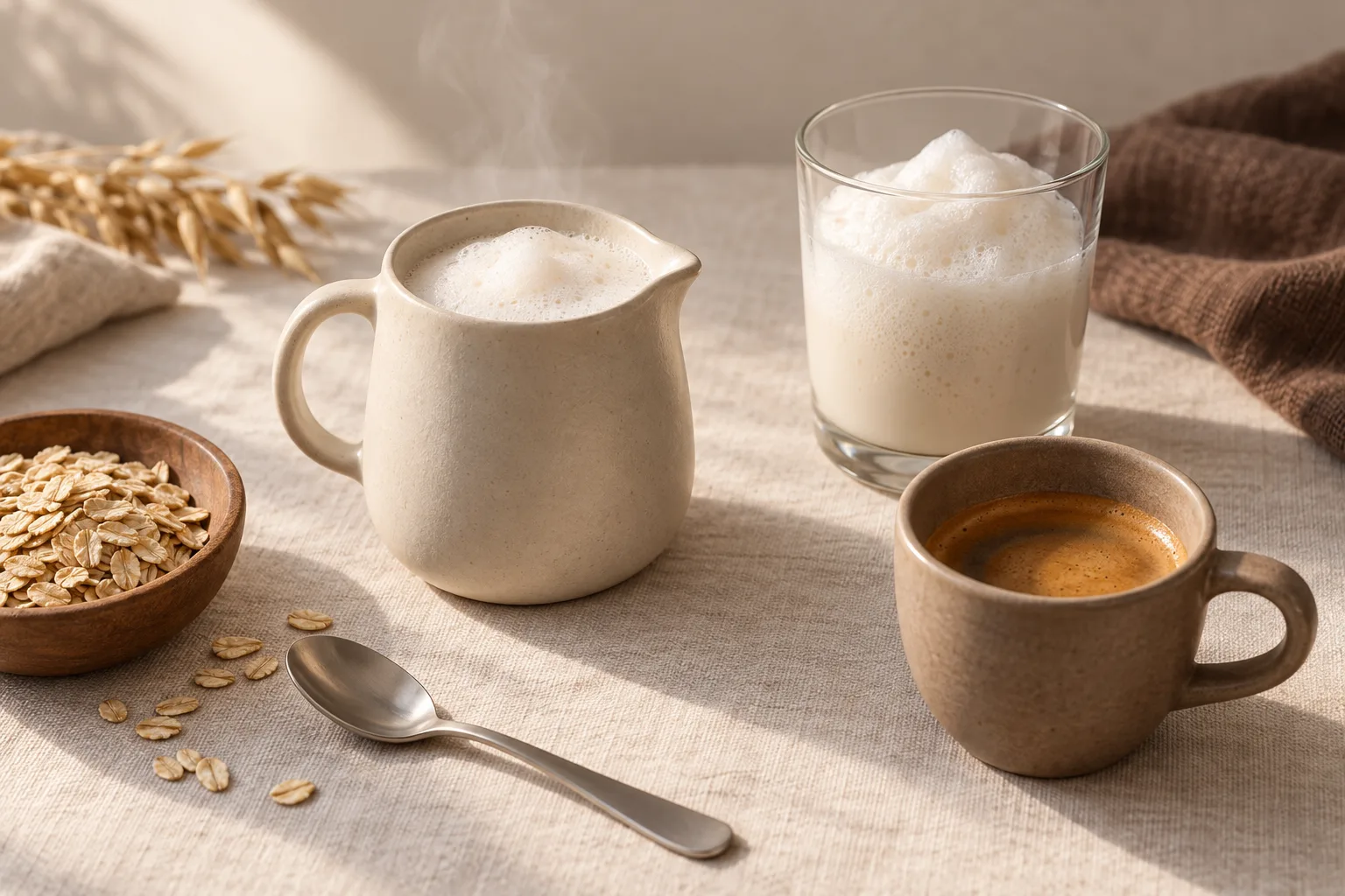 Oat milk in a plain pitcher beside a foamy latte and a glass of iced coffee