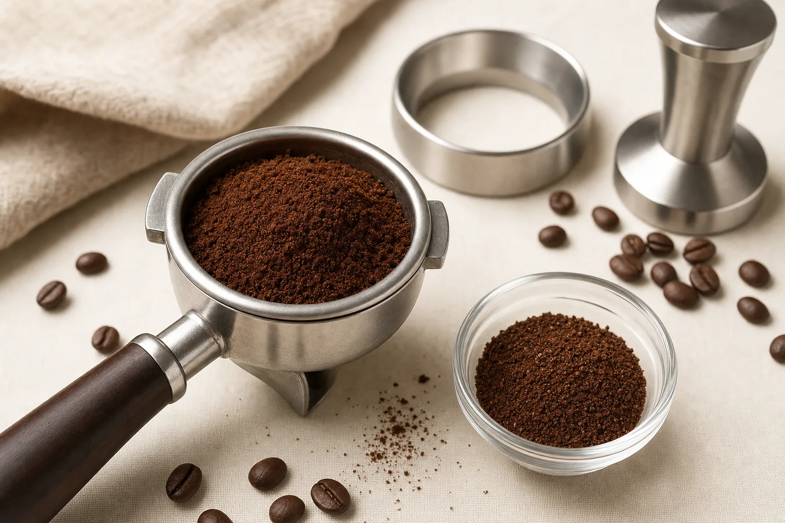 Freshly ground espresso coffee in a portafilter beside a scale and grinder