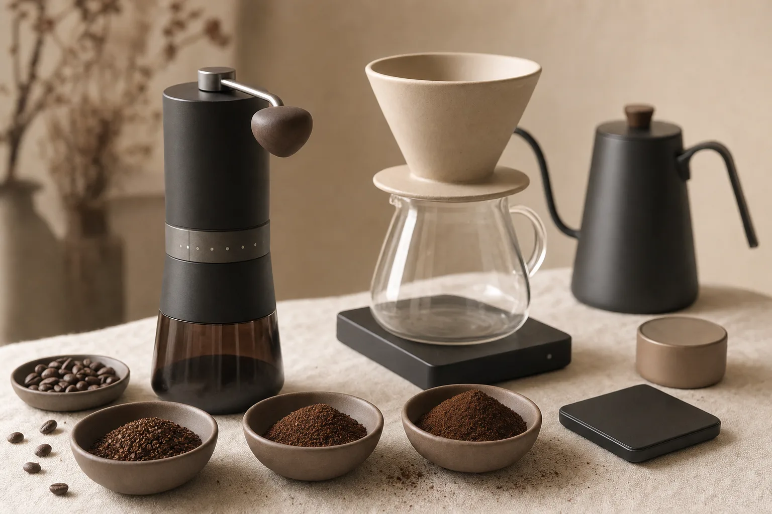 Fresh coffee grounds beside an unbranded pour-over dripper and kettle on a kitchen counter