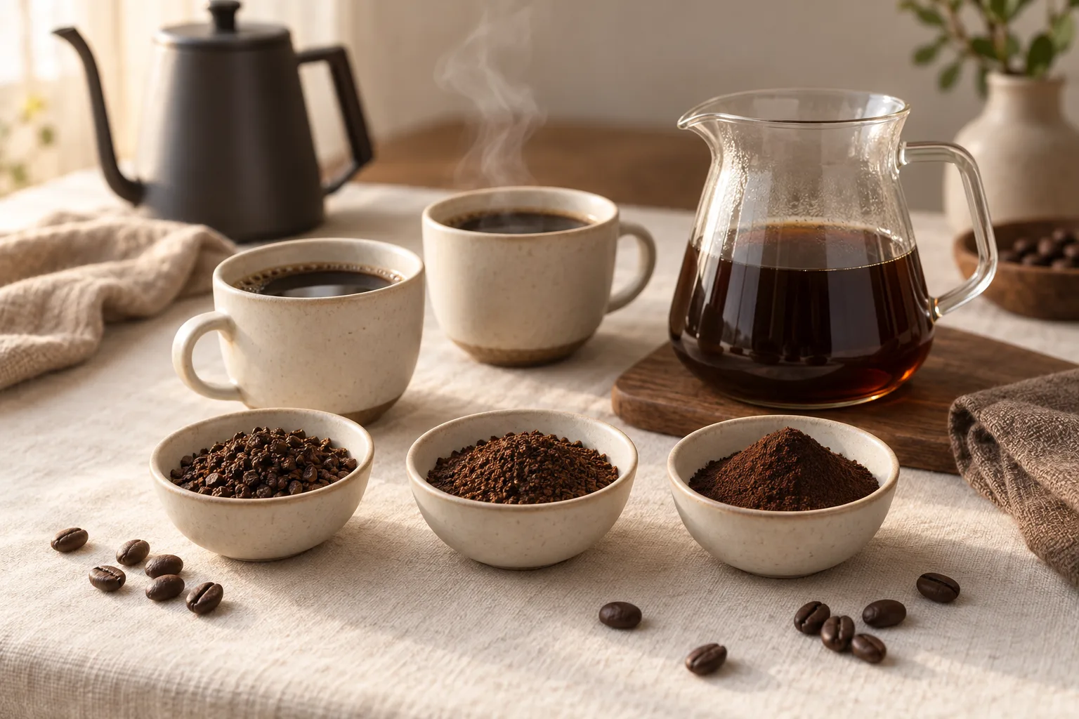 Plain coffee cup beside an unbranded glass brewer and a small bowl of beans