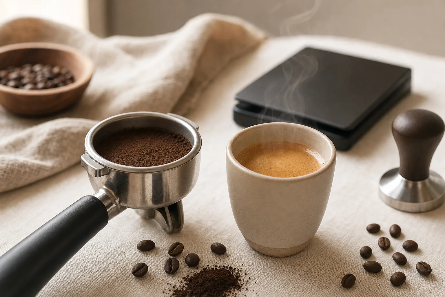 A freshly pulled espresso in a small unbranded cup beside coffee beans on a kitchen counter