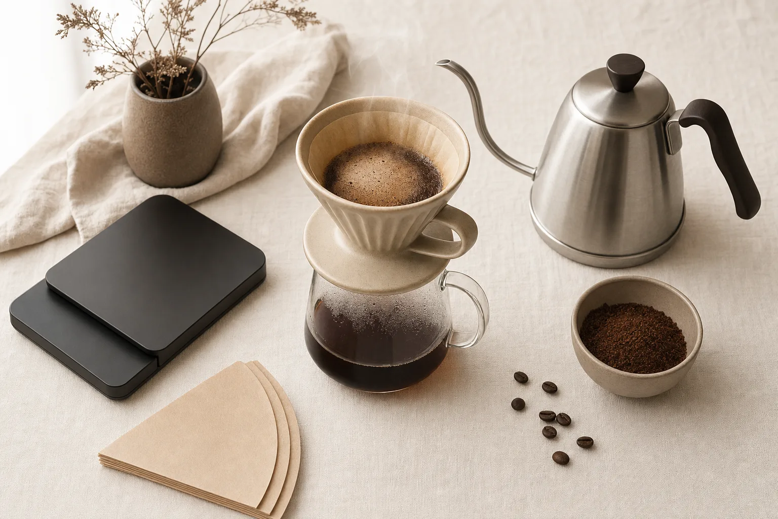 Unbranded pour-over coffee setup with a dripper, kettle, scale, and mug on a warm kitchen counter
