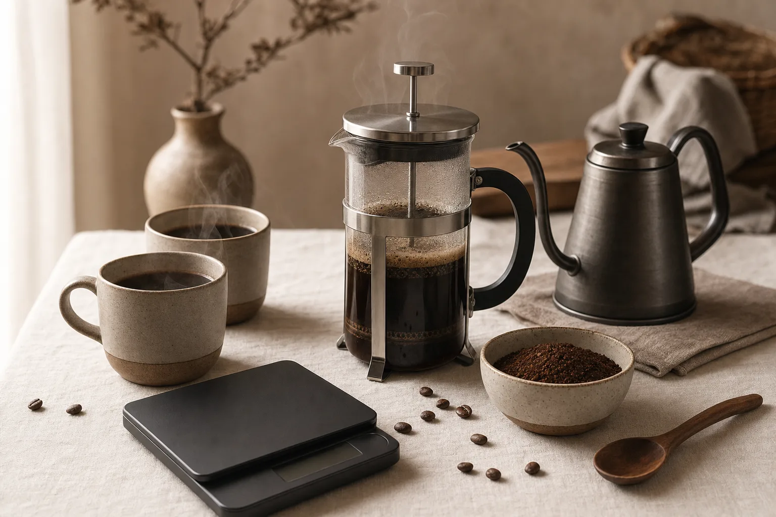 A plain glass coffee press, kettle, coffee beans, and two cups on a warm kitchen counter