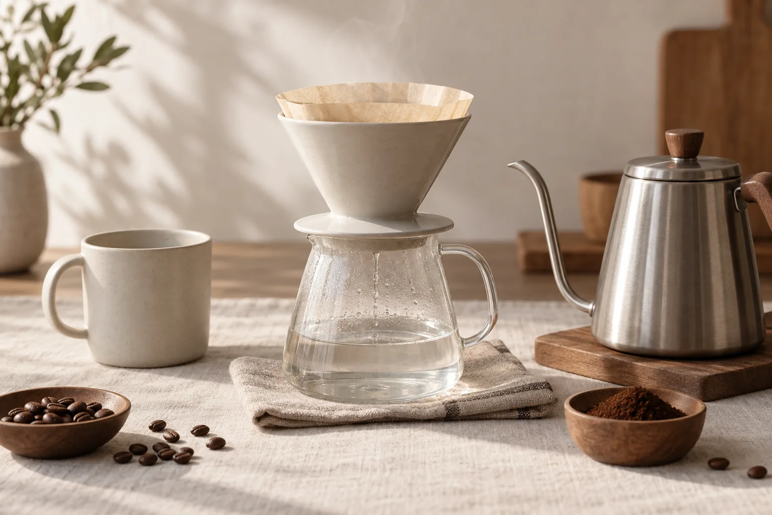 Unbranded ceramic cone, glass server, and mug ready for a hot-water rinse
