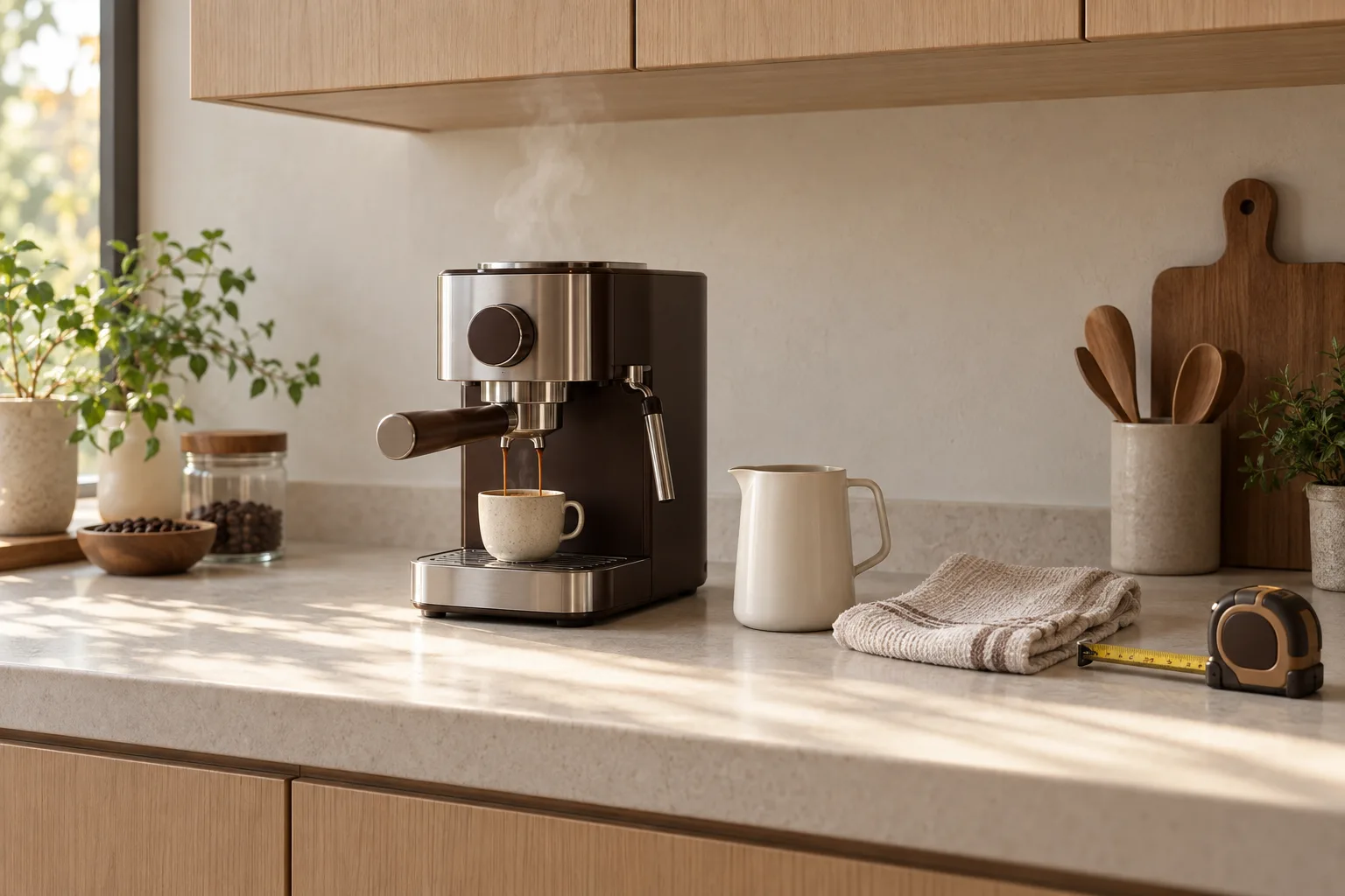 Plain milk pitcher, measuring tape, and folded cloth on a kitchen counter beside upper cabinetry