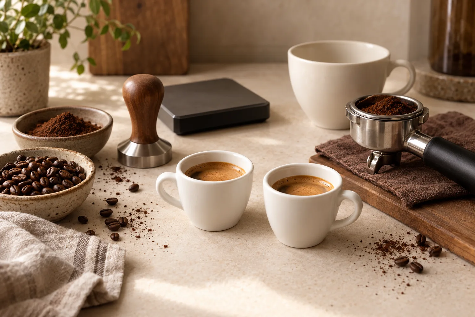 Two plain cups of espresso beside an unbranded tamper and coffee beans on a kitchen counter