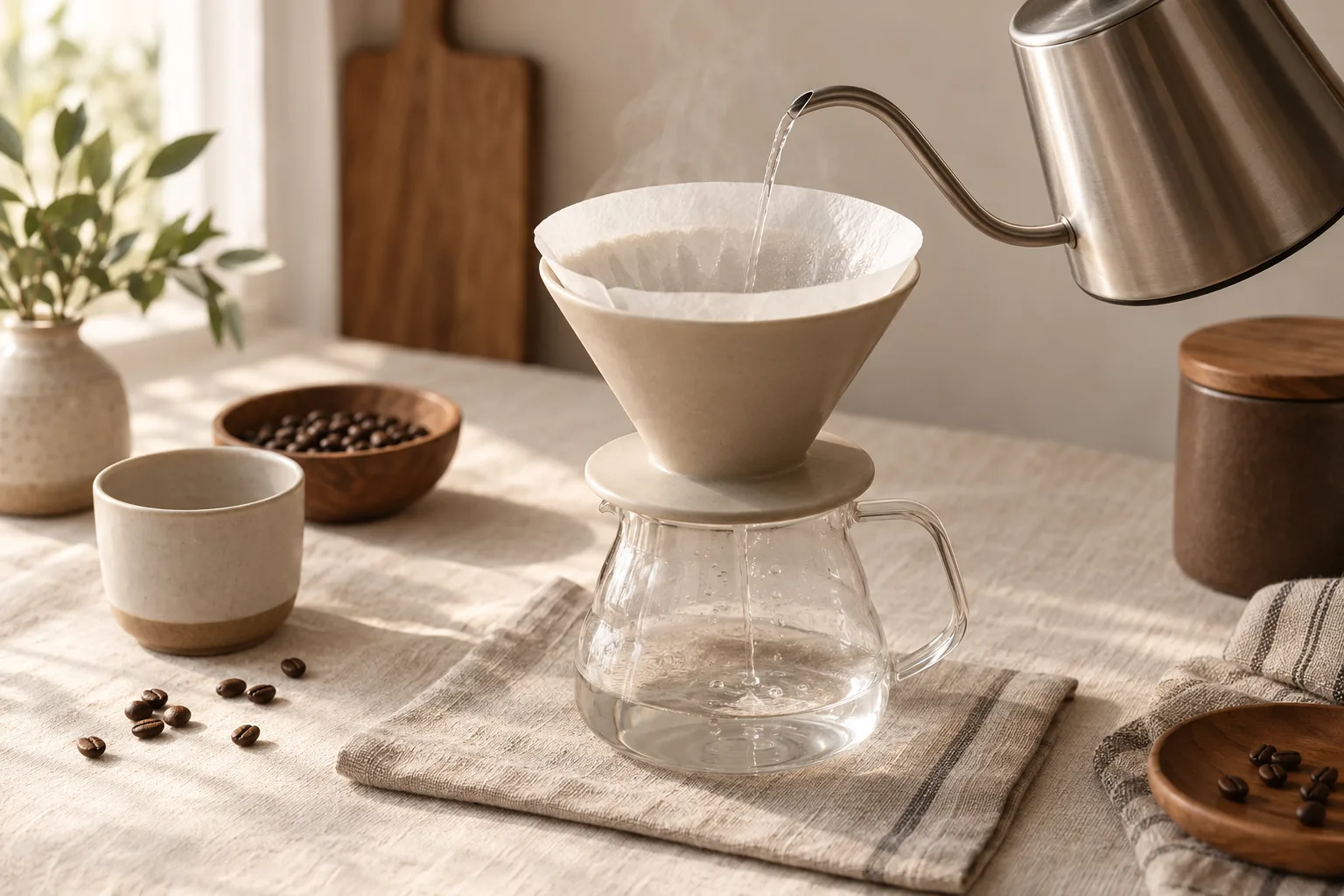 Hot water being poured onto an empty paper filter in an unbranded cone brewer over a glass server